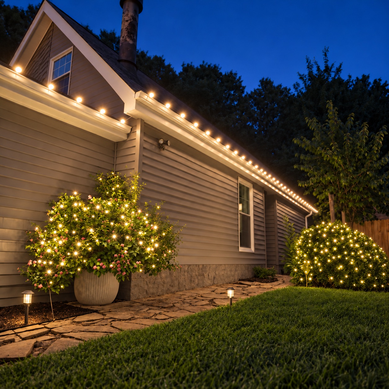Roofline lights and illuminated garden shrubs beside a home at dusk.
