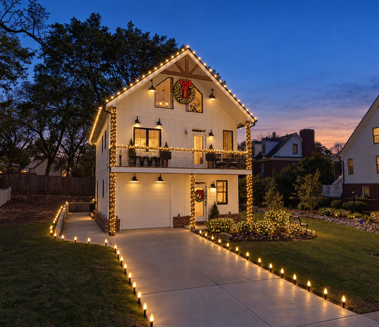 Sample design of a two-story home at dusk with warm white roofline lights, wrapped porch columns, a lit wreath with a red bow, lit shrubs and driveway lights.