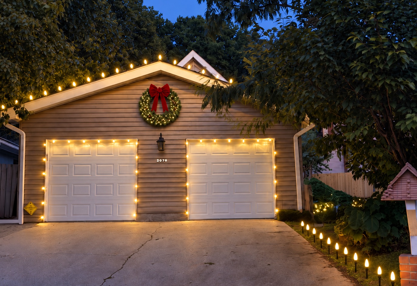 Christmas lights across the front of a home, with a lit wreath and driveway lights.